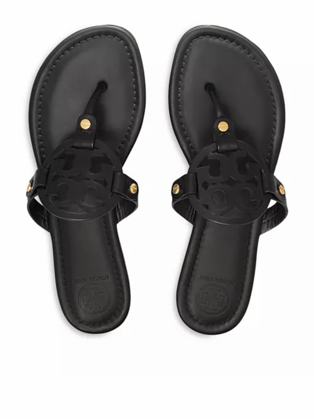Tory Burch Black Leather Logo Thong Sandals with Gold Accents
